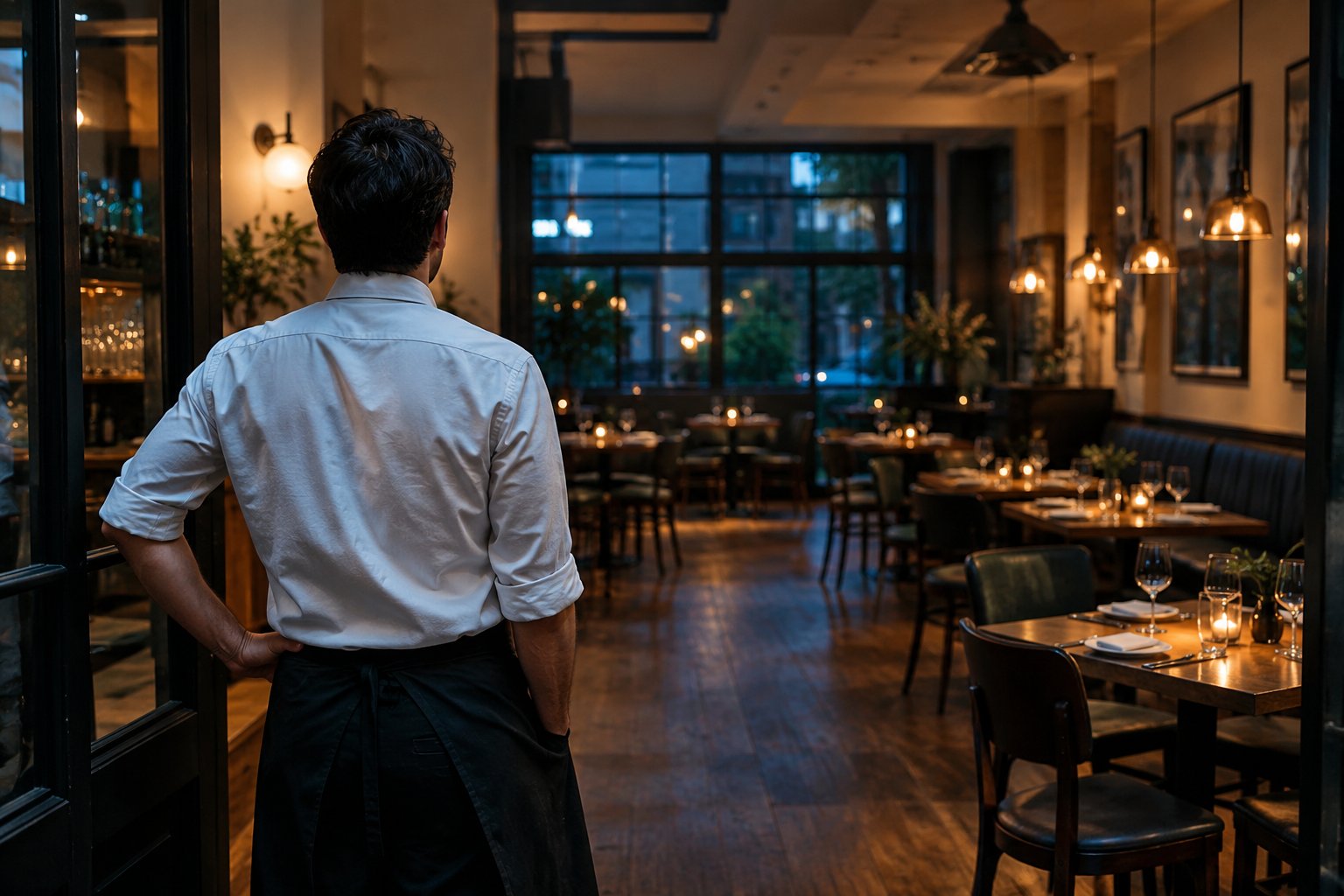 Encargado observa las mesas disponibles de su restaurante