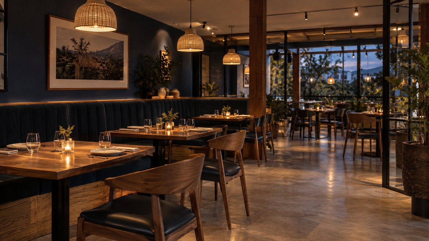 Mesas preparadas y vacías en un restaurante al anochecer